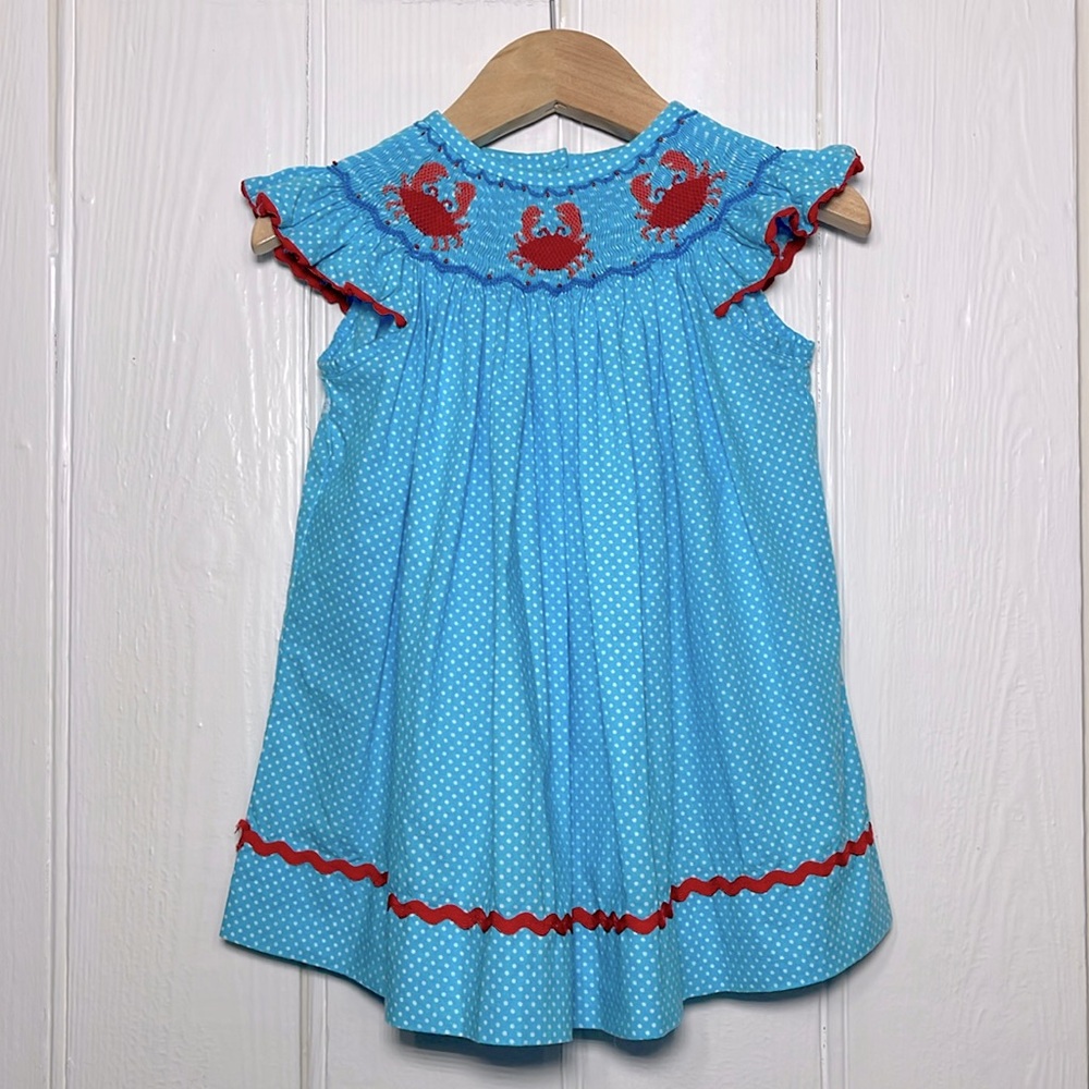 EUC Hand Smocked Crabs Polka Dot Ricrac Flutter Sleeve Heirloom Summer Dress